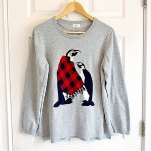 CROWN & IVY Winter Holiday Penguin Sweater Gray w/ Red Check & Sequins Size XL